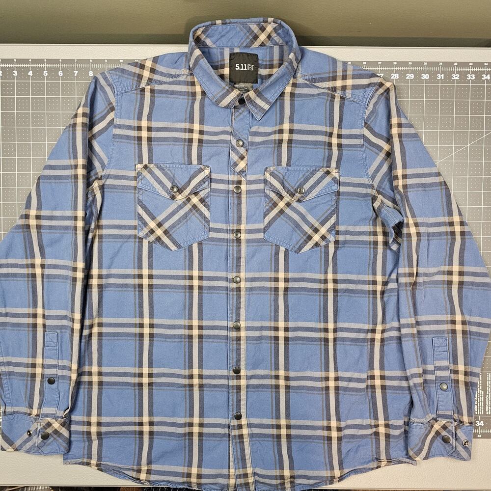511 Tactical Gunner Shirt Large Blue Plaid Snap Heavyweight Workwear Woven